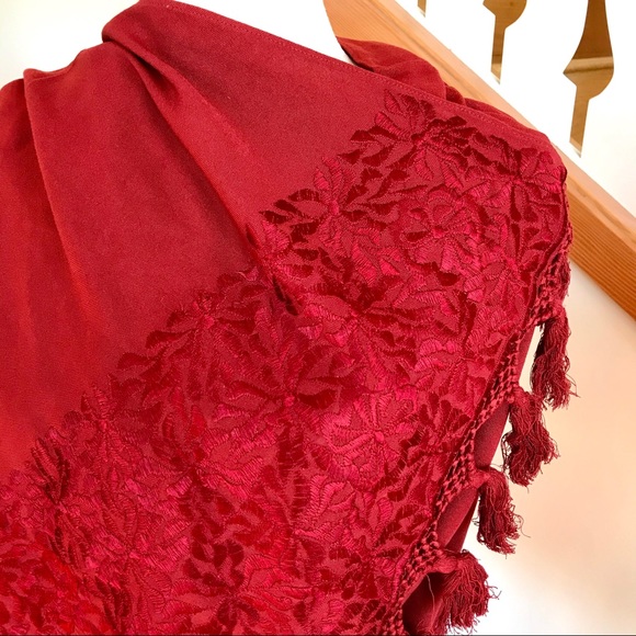 Crimson Embroidered Stole with Tassels - Picture 3 of 3